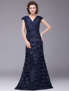 Robe mère de marié A-ligne bleu marine foncée en taffetas et col V longueur cheville