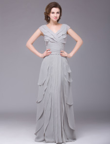 Robe mère de mariés en chiffon argent de col V multicouche