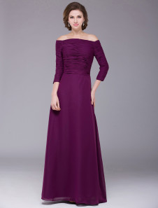 Robe mère de marié fourreau pourpre en chiffon et col bateau longueur cheville