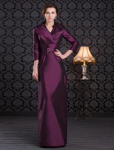 Robe mère de marié A-ligne pourpre en taffetas et col V longueur cheville