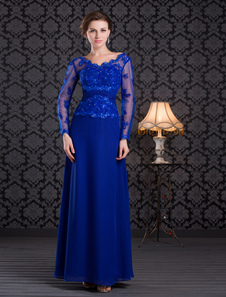 Robe mère de mariés en satin bleu royal brodé