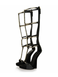 Unique Black Metallic Strappy Zipper Cowhide Women's Wedge Shoes