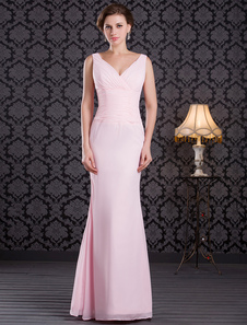 Robe mère de mariés rose de col V plissé longueur plancher