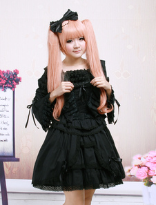 Robe de lolita gothique Coton Dentelle Manches Fond Cloche Noire