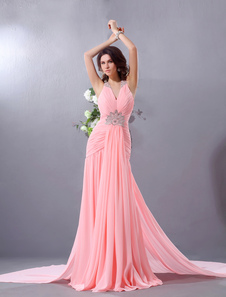 Robe de soirée rose dos-nu en mousseline de soie robe perlée