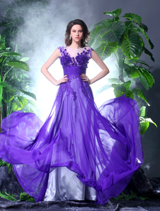 Robe de soirée A-ligne en chiffon pourpre brodé longueur plancher