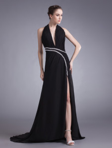 Robe fde soirée en chiffon noir avec strass à licou asymétrique