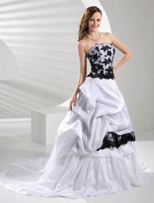 Robe de mariage exquise boule en taffetas blanc avec applique bustier traîne courte