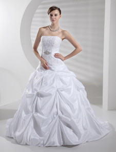 Robe de mariée fabuleuse boule en taffetas blanc avec applique bustier traîne chapelle