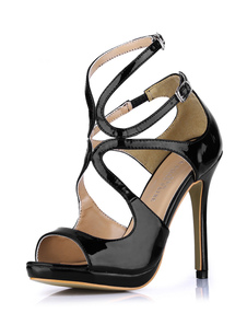 Sexy noir sandales en PU de forme rubans enroulés floral