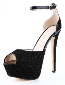 Sandales en vogue mode à talons aigus en gaze noir avec rubans aux chevilles et noeuds