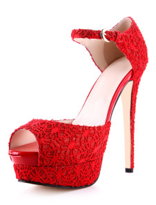 Sandales en vogue habillé à talons aiguilles en dentelle rouge avec ruban aux chevilles et logo