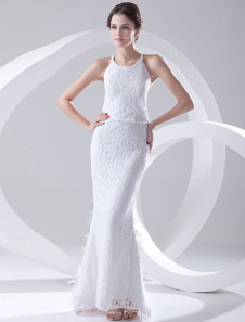 Robe de soirée sirène en dentelle blanche à licou