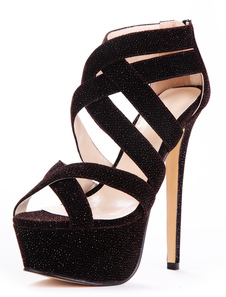 Sandales plateforme chic à talons aigus en tissuet paillettes marron foncé imprimé brillant