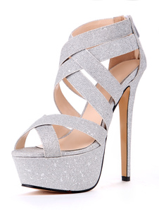 Sandales plateforme chic à talons aigus en tissu argent imprimé brillant