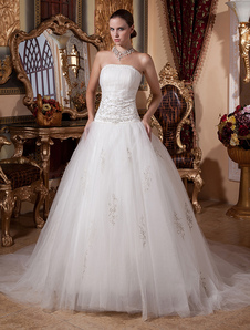 Chic robe mariage boule en voile de tulle blanc avec perles bustier traîne église