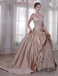 Robe de mariée A-ligne champagne à traîne chapelle