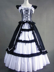 Vintage Costume victorien coton volant rétro robe Maxi femmes