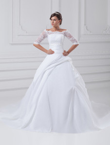 Robe mariage en taffetas blanc plissé bustier traîne courte