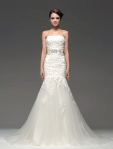 Robe mariée magnifique sirène ivoire bustier en satin avec rhinestones traîne démontable