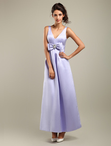 Robe de soirée A-ligne lavande en satin col V longueur plancher