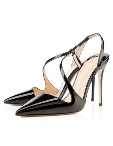 Charmantes sandales sexy à talons aigus et bout pointu en cuir véritable verni noir et bretelles