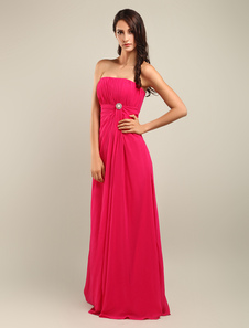 Lacets rose chaud sans bretelles robe de soirée robe Maxi ruchés strass