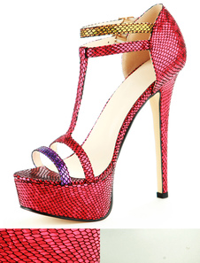 Charmantes sandales sexy à talons aigus et bout ouvert en faux cuir et motif serpent effet T-bracele