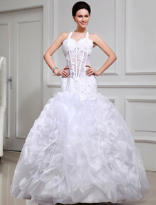 Robe de mariée en organza blanc avec fleur à licou