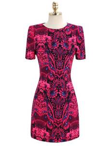 Charmante robe bodycon verte col ras du cou en chiffon imprimée coupe moulante