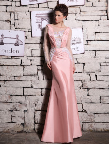 Robe charmante de soirée rose fourreau en taffetas avec perles encolure dégagée