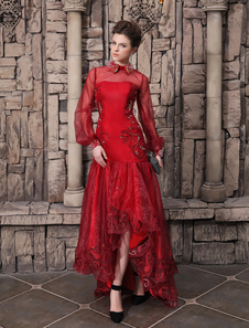 Robe fascinante de soirée bordeaux A-ligne col bénitier avec cristal asymétrique