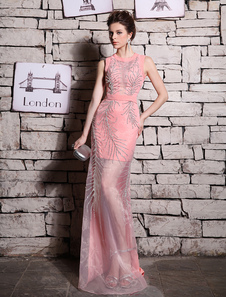 Robe fascinante de soirée rose fourreau col rond avec perles