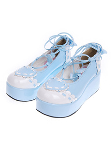 Chaussures de Lolita Bleu azur Bout rond Talon compensé en PU