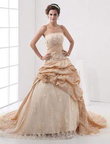 Robe de mariée gracieuse boule en taffetas champagne avec plissement bustier traîne chapelle