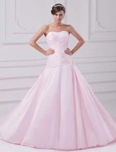 Robe de mariage A-ligne rose en taffetas avec encolure coeur à traîne courte