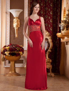 Robe de bal A-ligne bordeaux en satin à fines bretelles longueur plancher