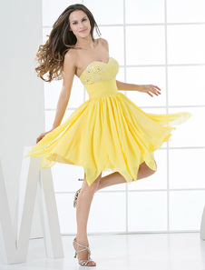 Robe de cérémonie A-ligne orange en chiffon bustier longueur genou