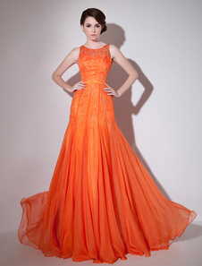 Robe de soirée orange maille découpe en mousseline de soie robe