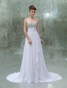 Robe fascinante de soirée blanche A-ligne encolure coeur avec paillettes