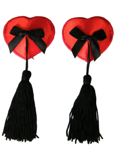 Pasties en satin mat rouges avec frange noire