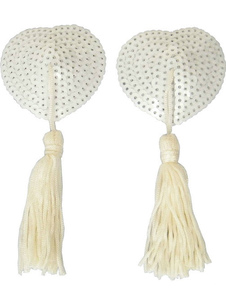 Pasties blancs pailletés avec frange de forme cœur