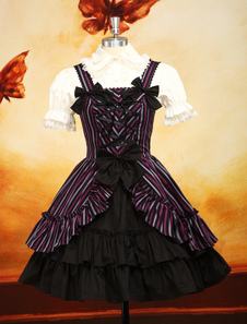 Costume de lolita classique en coton mélangé avec rayure et cordon col à revers manches courtes