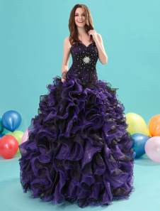 robe soutenue de boule en organza pourpre effet encolure coeur avec perles longueur plancher