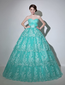 Robe sublimée de boule verte boule en dentelle effet encolure coeur multicouche