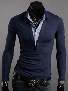 Haut homme, bleu marine, col en V, col rabattu