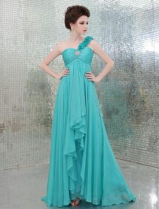 Robe de soirée élégante A-ligne bleue océan en satin de soie stretch à une épaule longueur plancher