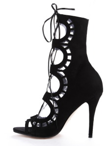 Belles sandales gladiateur sexy à talons aigus et bout ouvert et lacets en daim noir