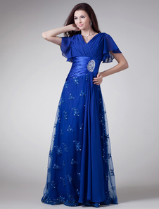 Robe mère de mariés en chiffon bleu royal de col V avec strass