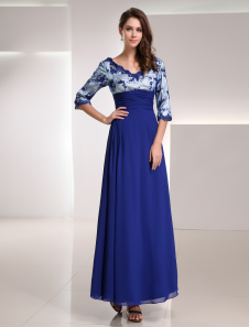 Robe mère de mariée A-ligne bleue royal en chiffon col V
